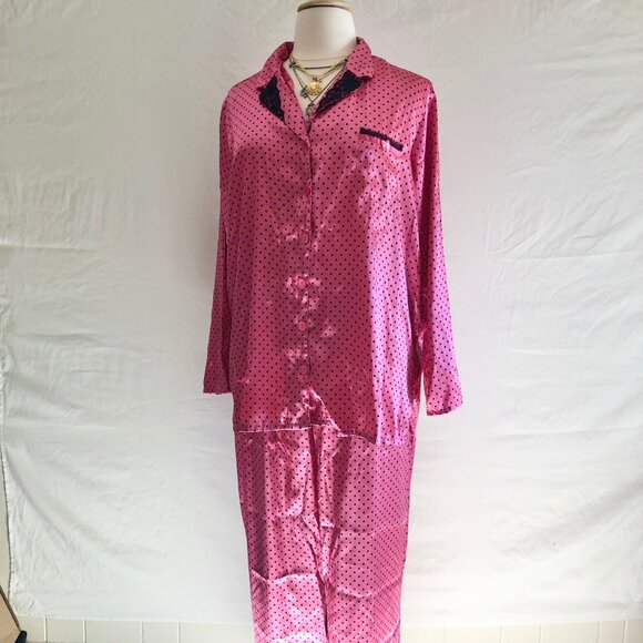 Vintage Polkadot Satin Pajama's Rose Pink - Picture 2 of 7